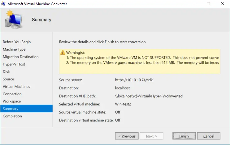 Checking the configuration summary before starting migration