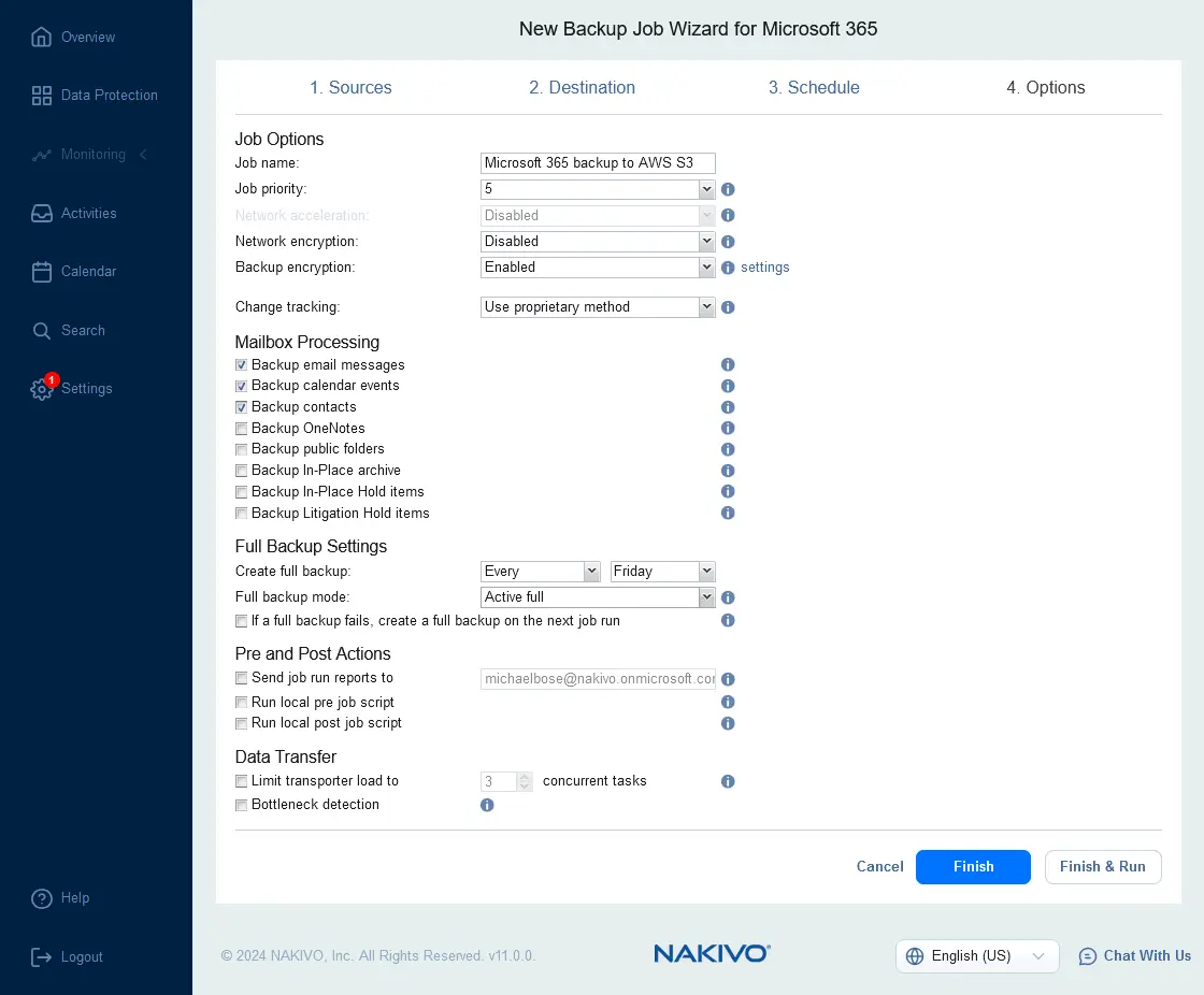 Configuración de las opciones de job de backups de Microsoft 365 AWS