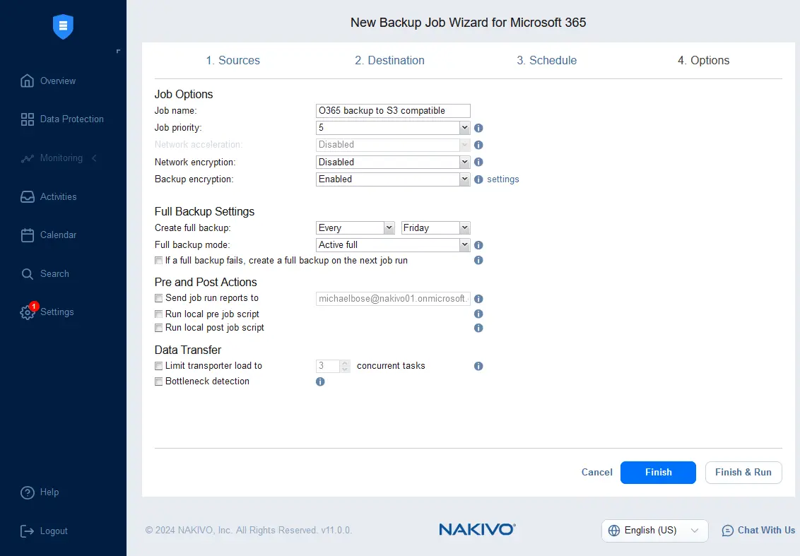 Configuring Microsoft 365 cloud backup job options