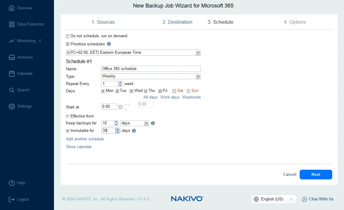 Configuring scheduling and retention settings