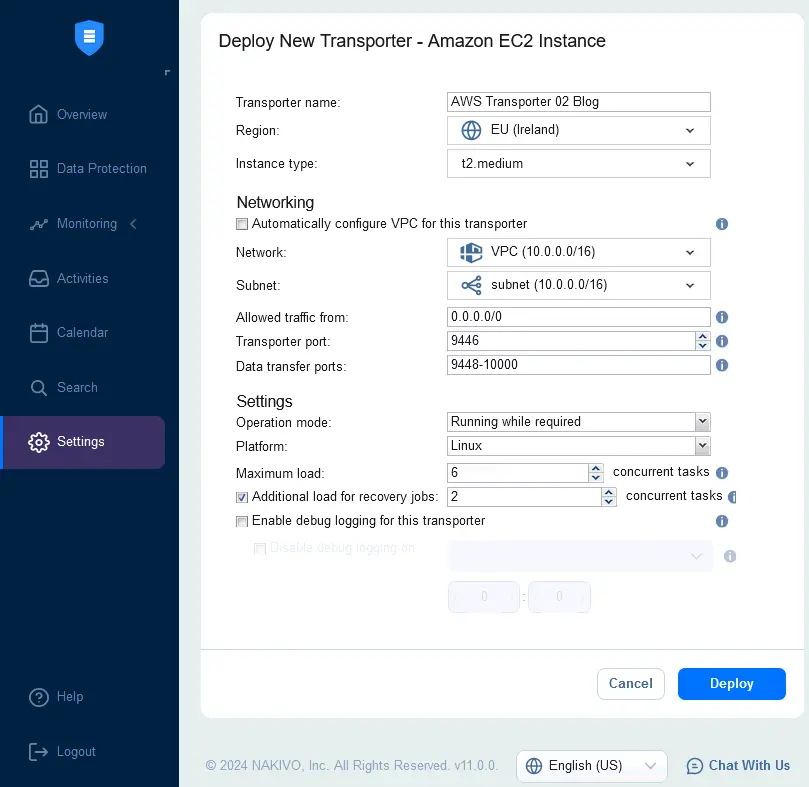 Configuración de las opciones para instalar un transportador de AWS