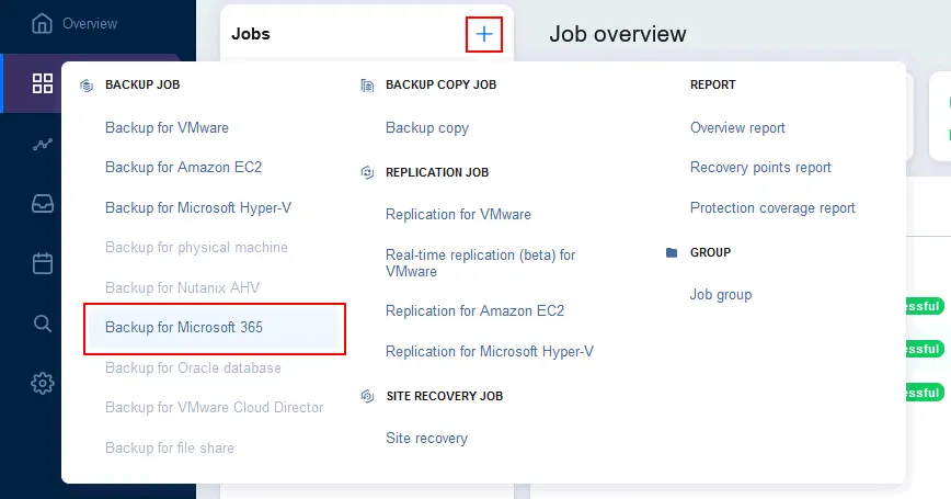 Crear un nuevo job de backups de Microsoft 365.