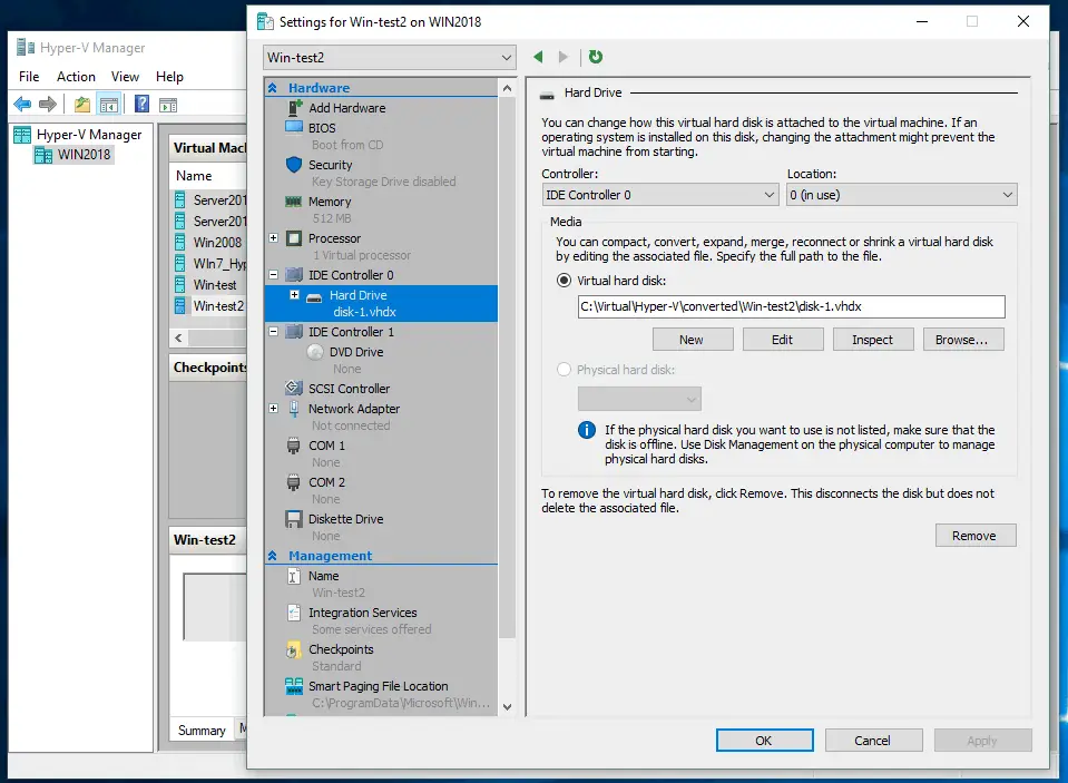 Editing Hyper-V network settings for the VM
