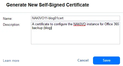 Introducir un nombre y una descripción para el certificado
