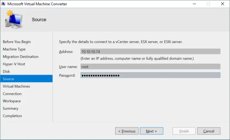 MVMC – connecting to the source ESXi server
