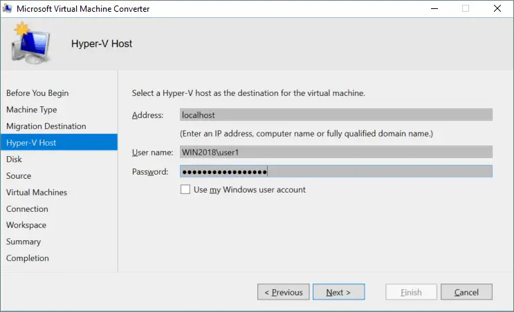 MVMC– selecting a destination Hyper-V host
