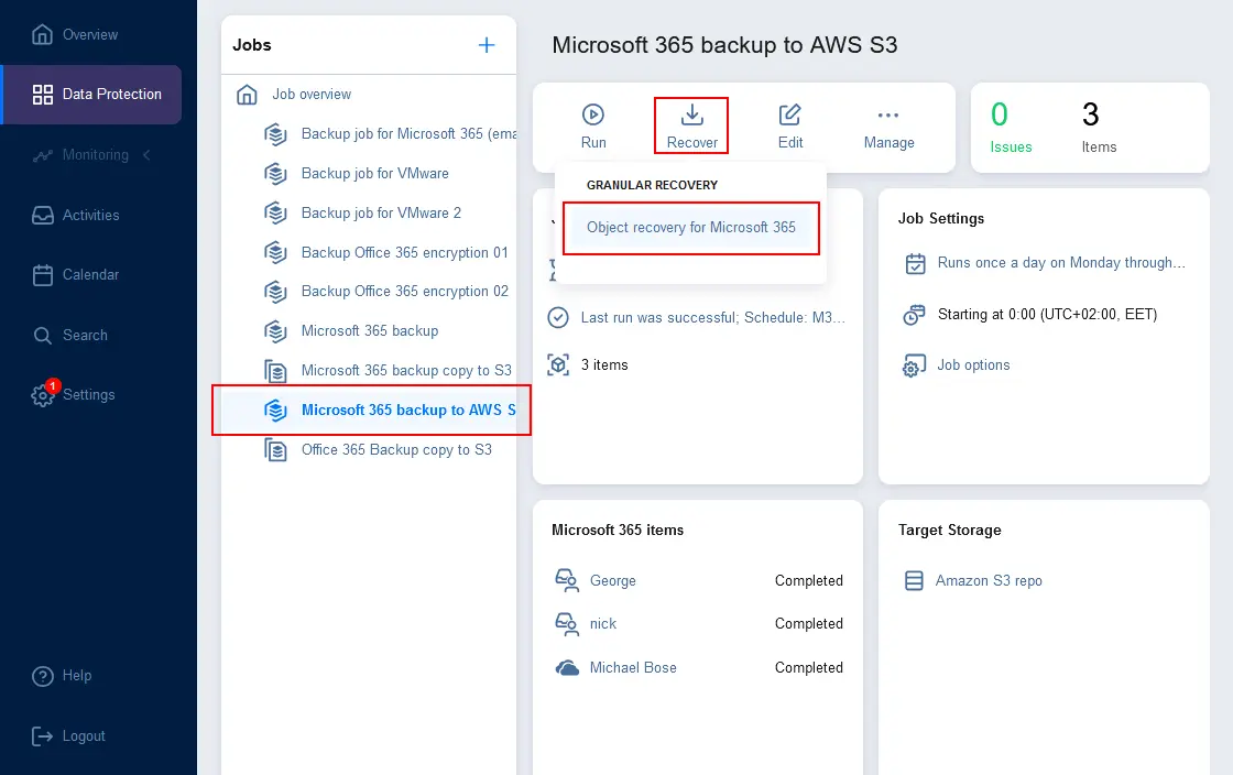 Recuperar datos de un backup AWS de Microsoft 365.