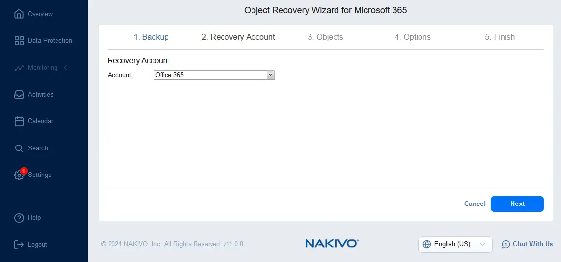 Selección de una cuenta de Microsoft 365 para la recuperación