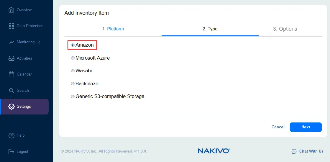 Seleccionar Amazon como tipo de plataforma