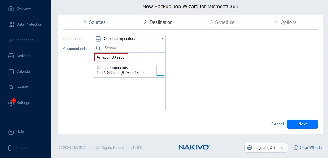 Seleccionar un repositorio de backups en Amazon S3