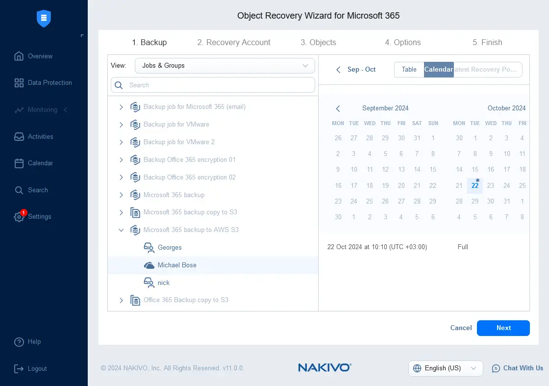 Selección de datos de Microsoft 365 para recuperar