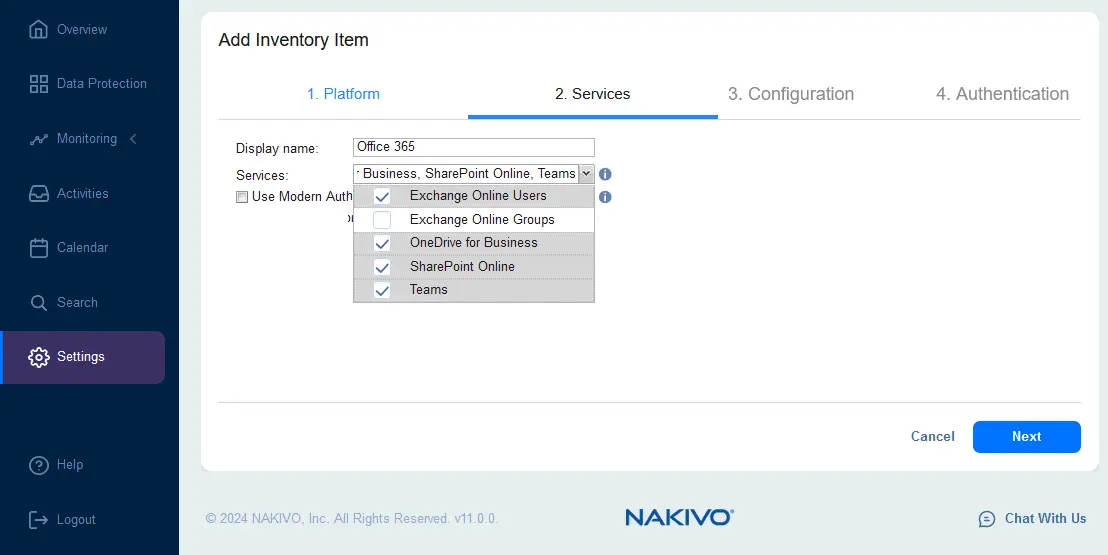 Seleccionar los servicios de Microsoft 365 para hacer backups