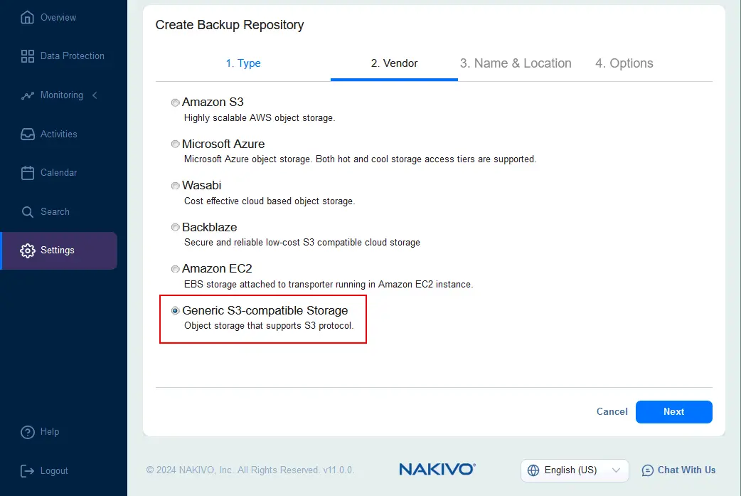 Selecting the generic S3-compatible storage