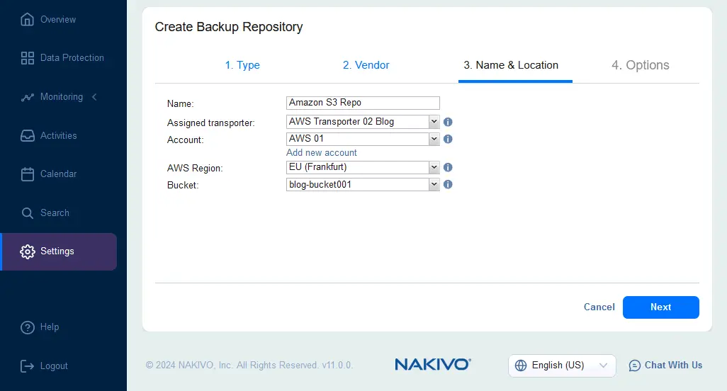 Establecer un nombre y una ubicación para el repositorio de backups