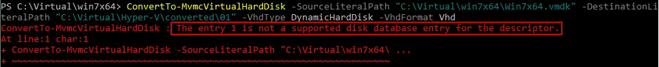 The entry 1 is not a supported disk database entry for the descriptor