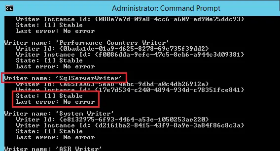 Viewing the VSS Writer name and status on a server running MS SQL Server