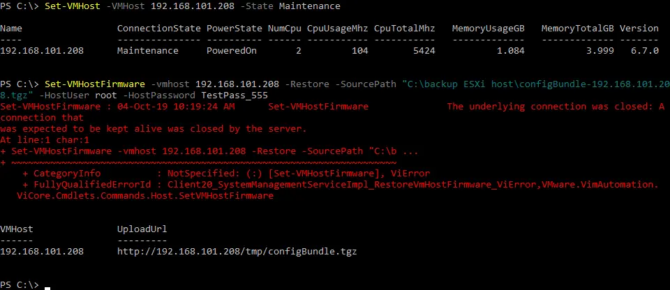 ESXi configuration is recovered in PowerCLI