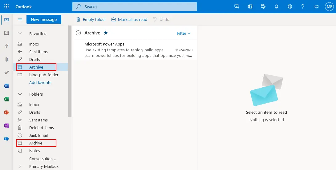 Checking the Archive folder in the web version of Outlook to find old emails