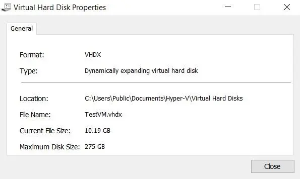 Checking the size of the increased virtual hard disk in Hyper-V