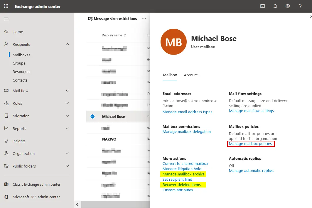 Editing mailbox settings for a Microsoft Office 365 email account of a user