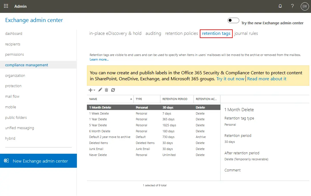 Editing retention tags before they can be assigned to old emails in Microsoft 365
