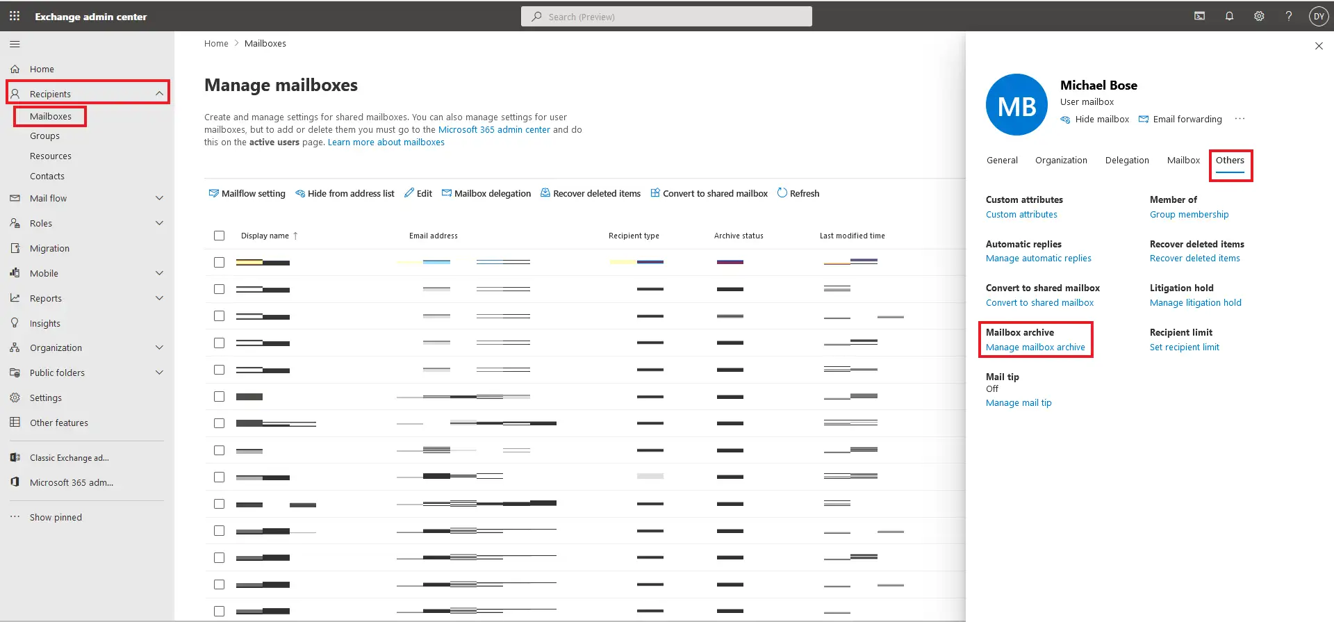 Enabling the mailbox archive for an Office 365 user in the Exchange admin center