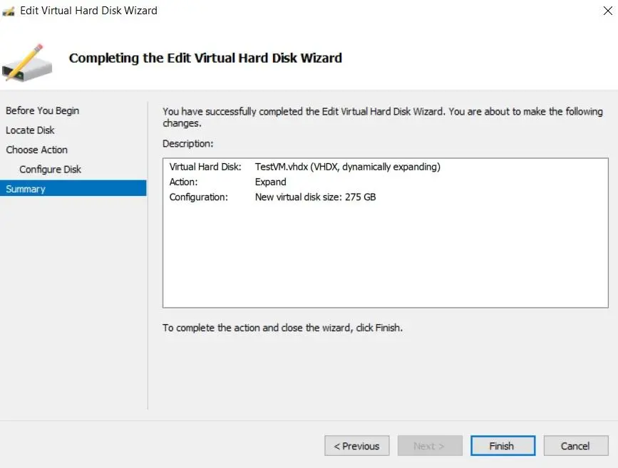 Finishing editing a virtual hard disk in Hyper-V