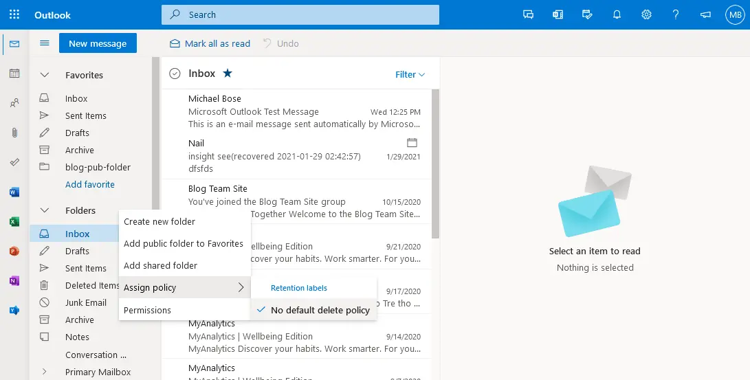 How to get Outlook email in the web interface – assigning a policy
