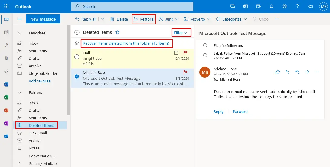 How to recover old emails in the web version of Outlook for Microsoft 365