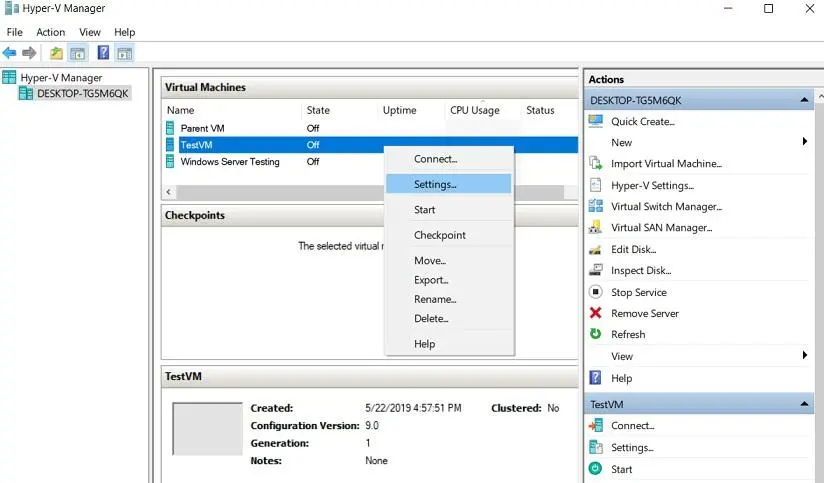 Opening VM settings