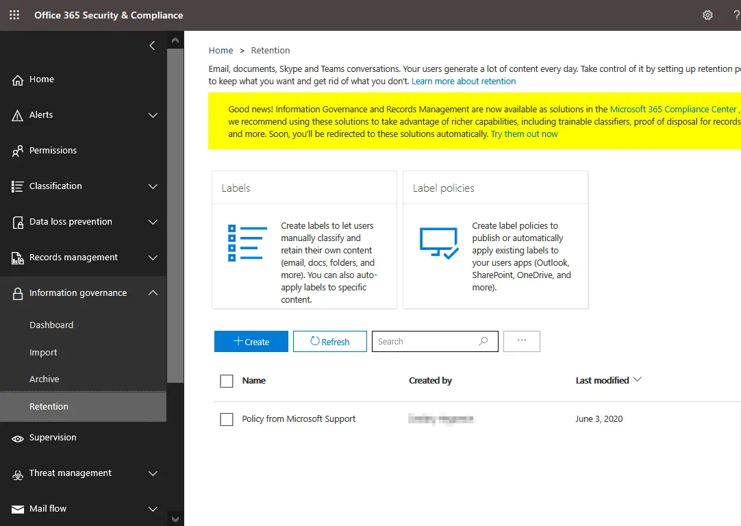 Retention policies in the Security and Compliance admin center