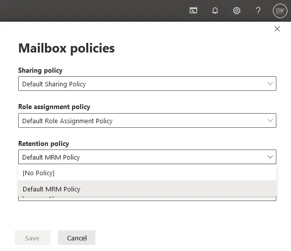 Selecting a retention policy for a mailbox of a Microsoft 365 email user