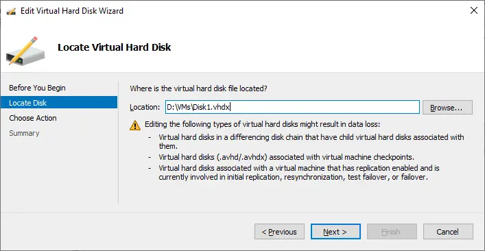 Selecting a VHDX file