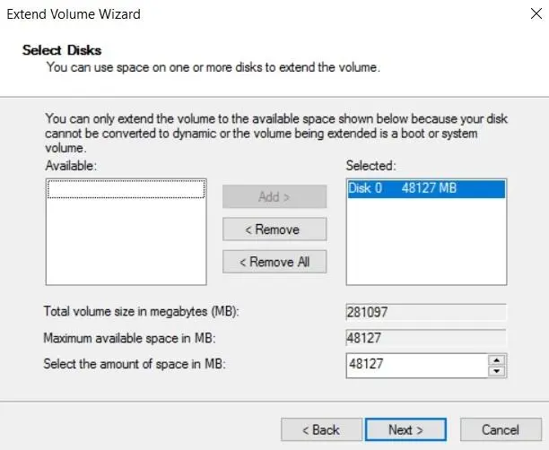 Selecting the amount to increase disk space for a selected volume