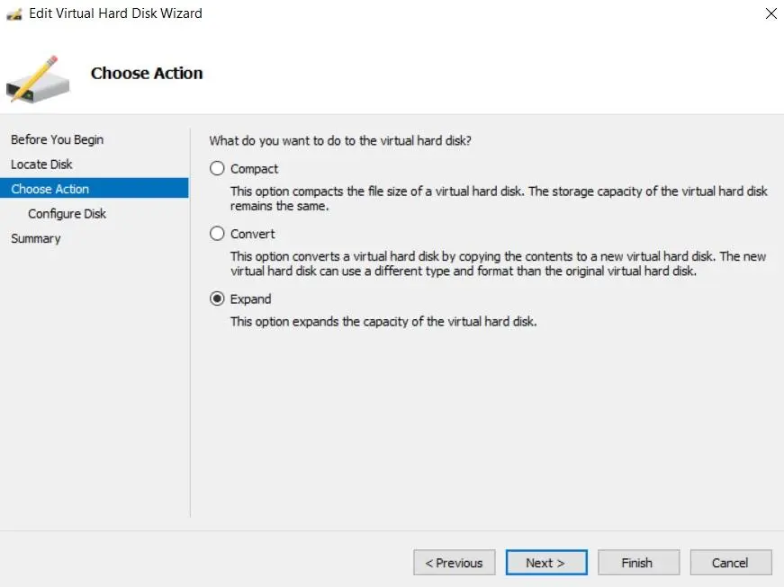 Selecting the Hyper-V expand disk option