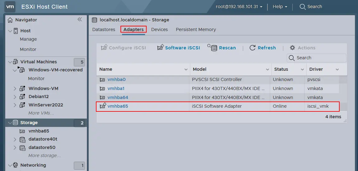 A virtual software iSCSI adapter is created