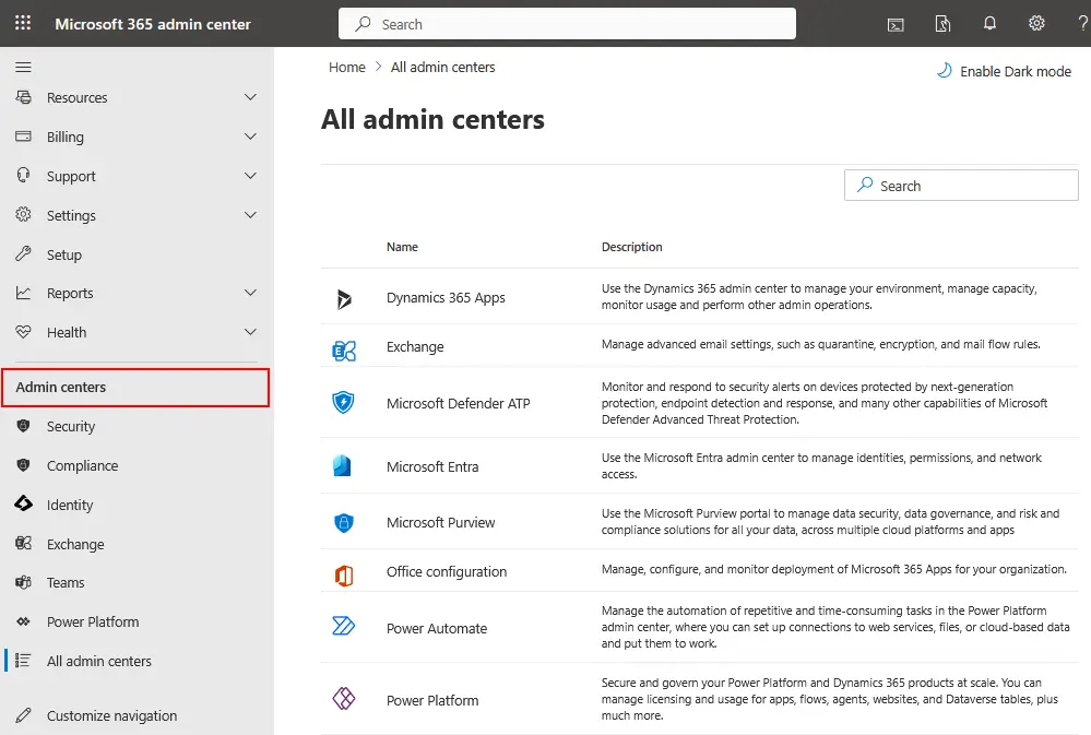 All admin centers for Office 365