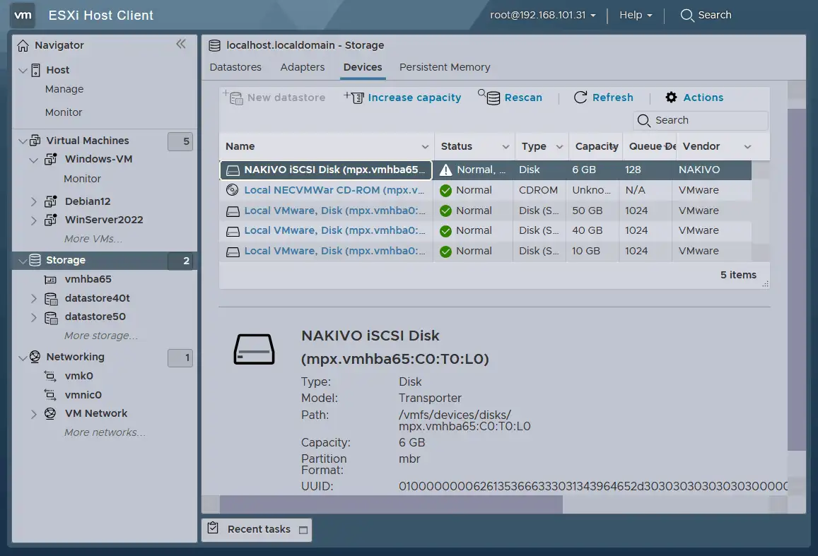 Checking the iSCSI disk