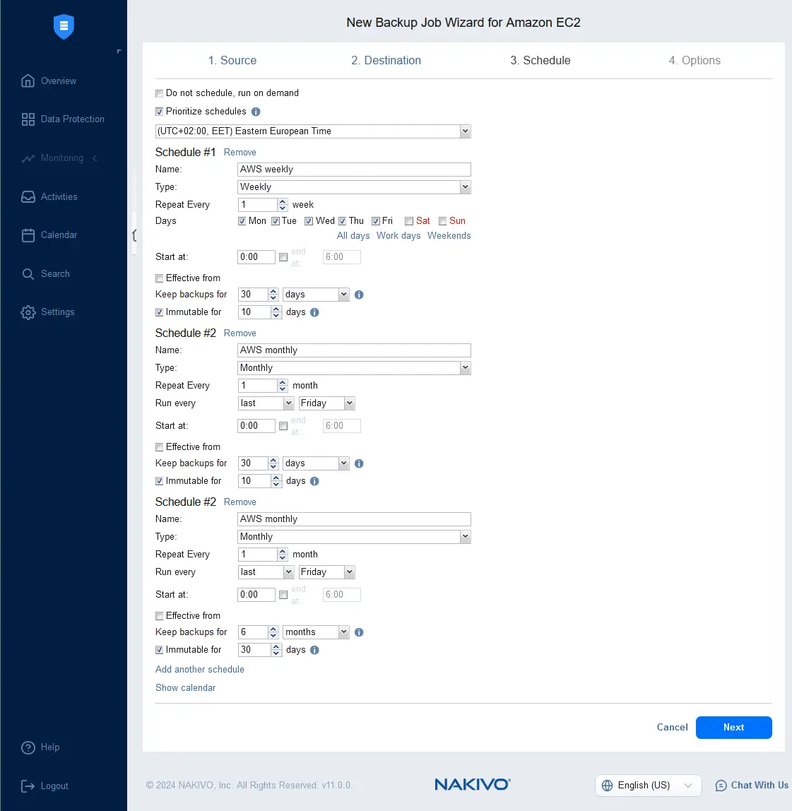 Configure scheduling and retention settings
