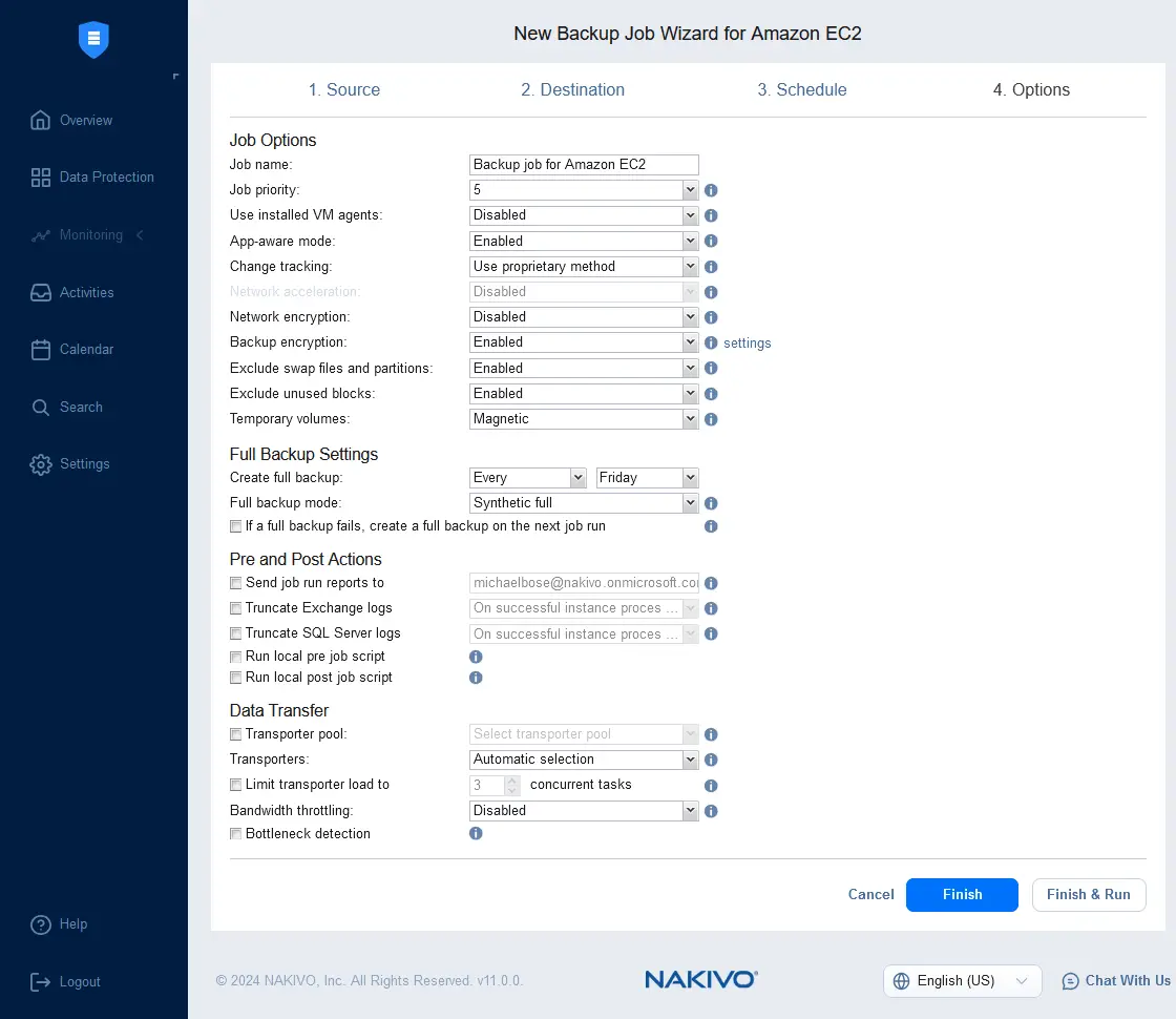 Configuring job options for EC2 instance backup