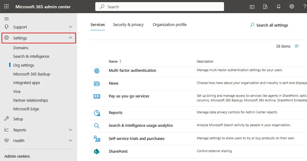 Configuring services in settings