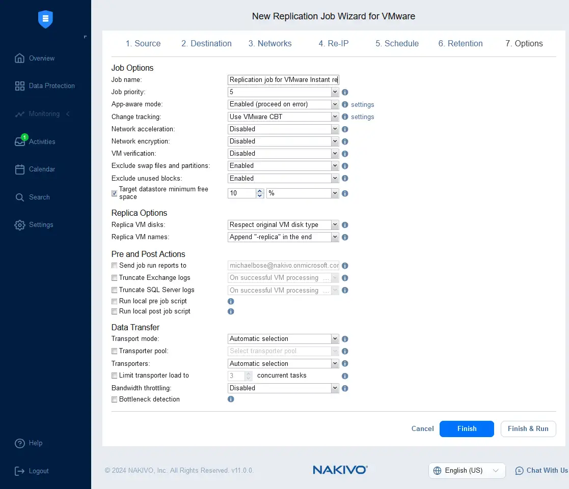 Configuring VMware VM replication options