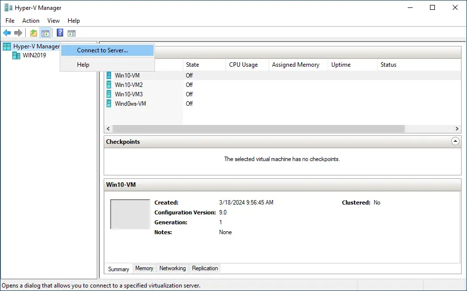 Connect to another server to manage a remote Hyper-V host