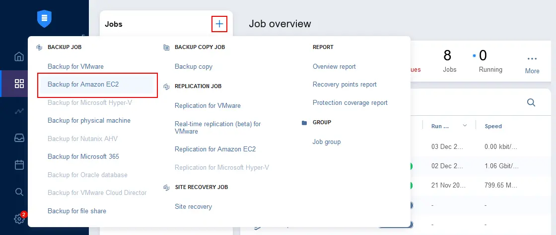 Creating a new job for EC2 instance backup