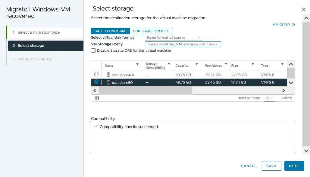Selecting a datastore for VM files