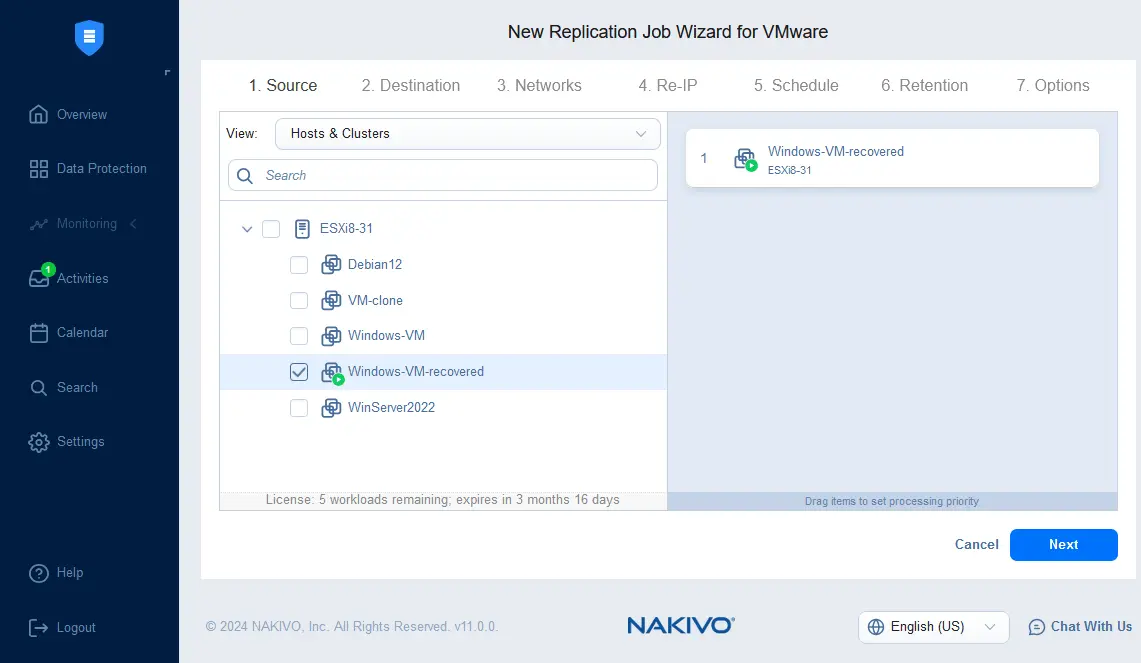 Selecting a running VM as the source VM for replication