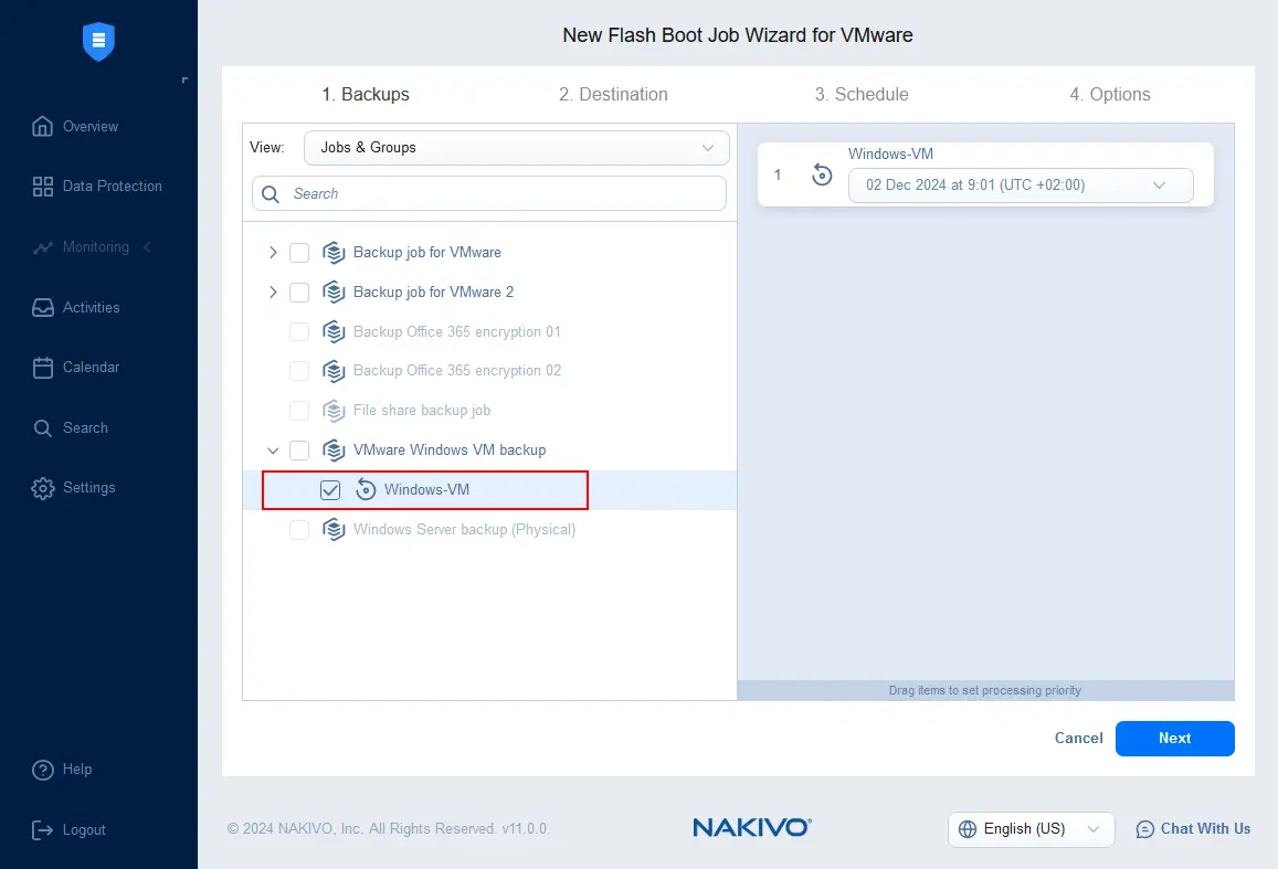 Selecting a VMware VM for instant recovery
