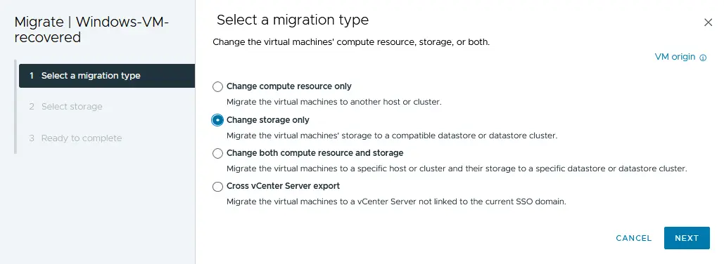 Selecting the option to use VMware Storage vMotion