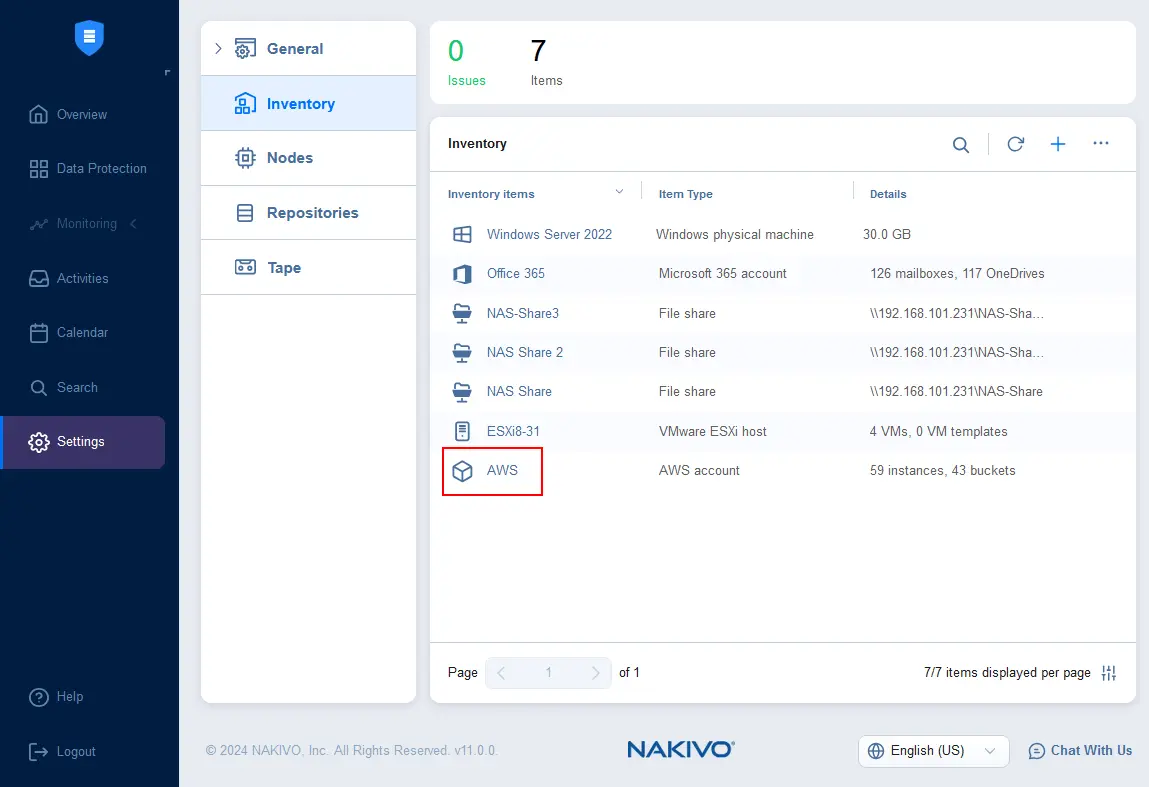 The AWS account is added to the inventory