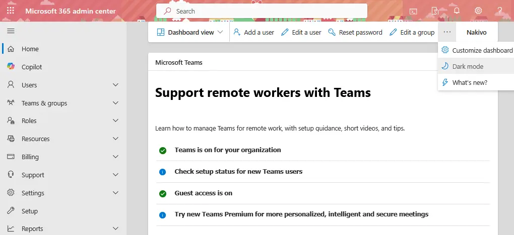 The homepage in the Microsoft 365 admin center